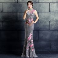 Pretty Embroidery Long Qipao Cheongsam Dress - Gray