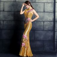 Pretty Embroidery Long Qipao Cheongsam Dress - Yellow