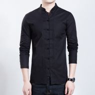 Excellent Stand-up Collar Frog Button Shirt - Black