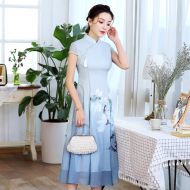Nice Print Chiffon A-line Cheongsam Qipao Dress - Blue