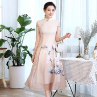 Nice Print Chiffon A-line Cheongsam Qipao Dress - Brown