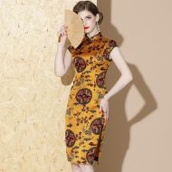 Knee Length Qipao Cheongsam Chinese Dress - Yellow