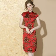 Knee Length Qipao Cheongsam Chinese Dress - Claret