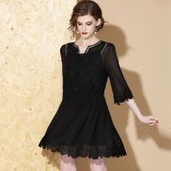 Bell Sleeve V-Neck Oriental Style Dress - Black