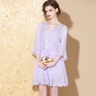 Bell Sleeve V-Neck Oriental Style Dress - Purple
