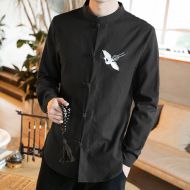Sole Flying Crane Embroidery Frog Button Shirt - Black