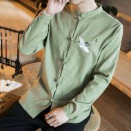 Sole Flying Crane Embroidery Frog Button Shirt - Green