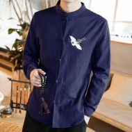 Sole Flying Crane Embroidery Frog Button Shirt - Navy