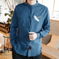 Sole Flying Crane Embroidery Frog Button Shirt - Blue