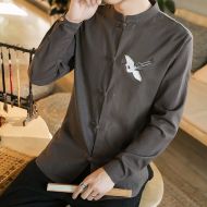 Sole Flying Crane Embroidery Frog Button Shirt - Gray