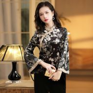 Lace Hem Floral Print Velvet Cheongsam Qipao Shirt