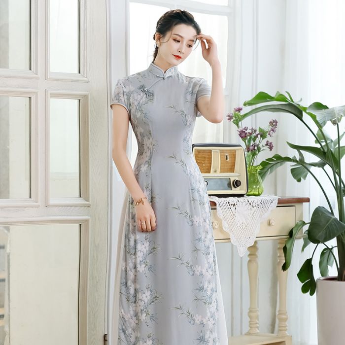Sweet Floral Print Ao Dai Dress Qipao Cheongsam
