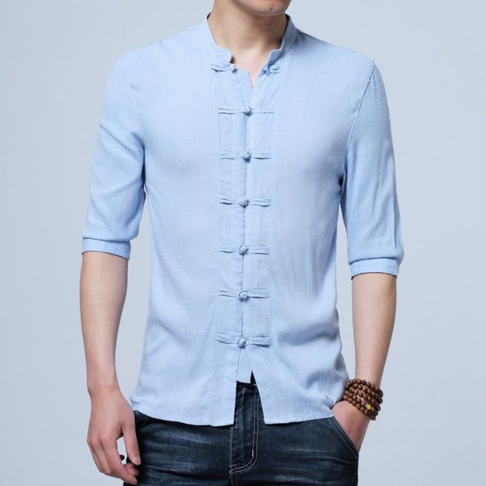 Charming Frog Button Chinese Tang Shirt - Light Blue