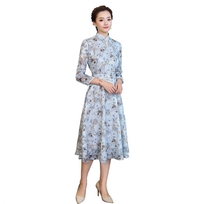Charming Floral Print Qipao Cheongsam A-line Dress