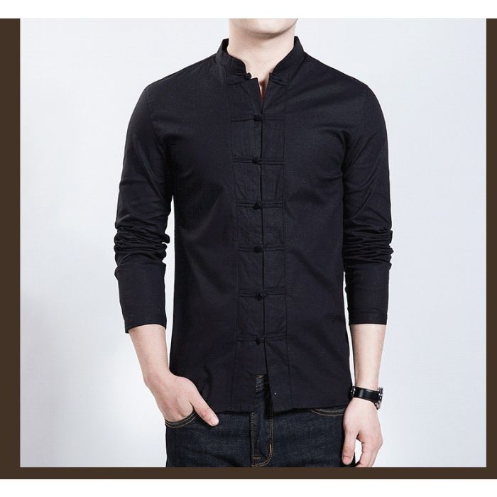 Seven Frog Buttons Stand-up Collar Shirt - Black