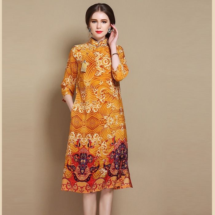 Nice Paisley Pattern Silk Qipao Cheongsam Dress - Yellow