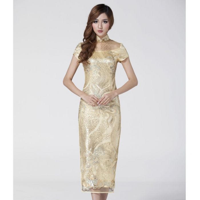 Spectacular Embroidery Luxury Long Lace Cheongsam Dress - Yellow