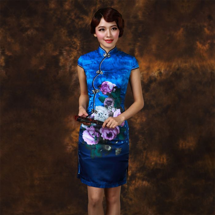 Spectacular Peony Flowers Silk Qipao Cheongsam Dress