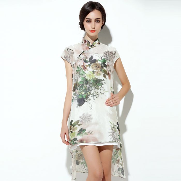 Modern Floral Print Silk Qipao Cheongsam Dress
