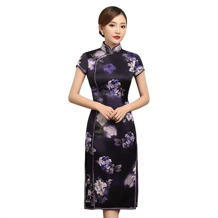 Amazing Floral Print Silk Chinese Qipao ...