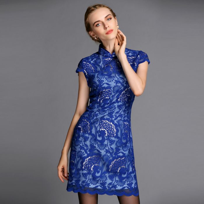 Enchanting Modern Blue Lace Short Cheongsam Dress