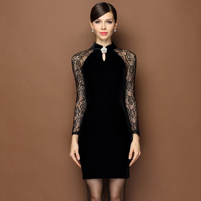 Attractive Lace Sleeve Modern Qipao Cheongsam Dress - Black