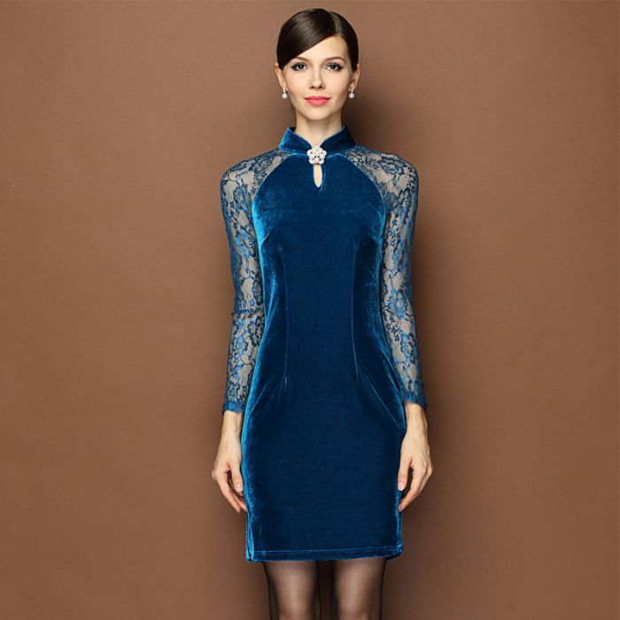 Attractive Lace Sleeve Modern Qipao Cheongsam Dress - Blue