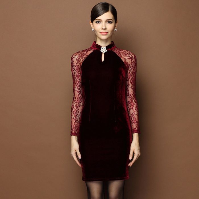 Attractive Lace Sleeve Modern Qipao Cheongsam Dress - Claret