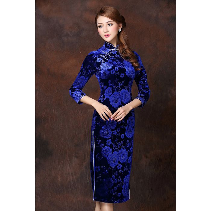 Velvet Chinese Cheongsam Qipao Dress with Leisi  Flower Pattern Blue Color 