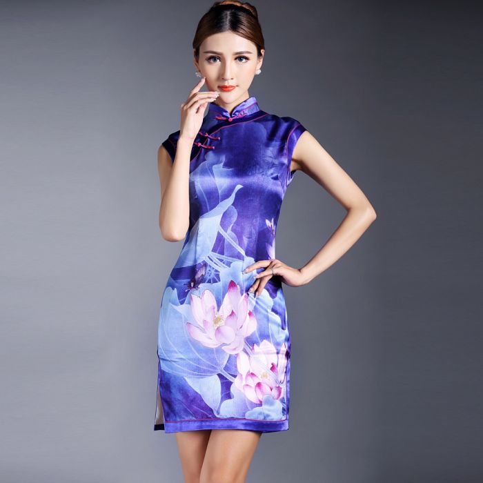 Incredible Lotus Print Silk Qipao Cheongsam Dress