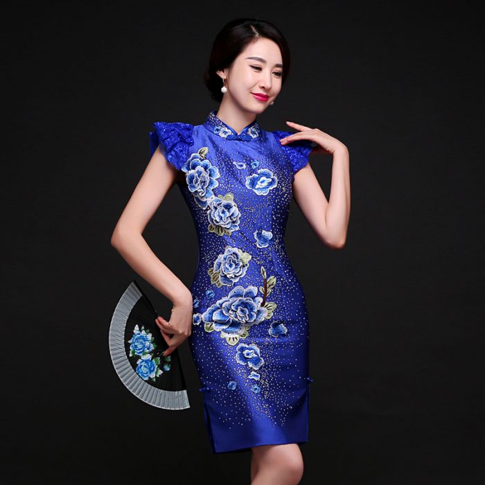 Superb Embroidery Modern Qipao Cheongsam Dress - Blue
