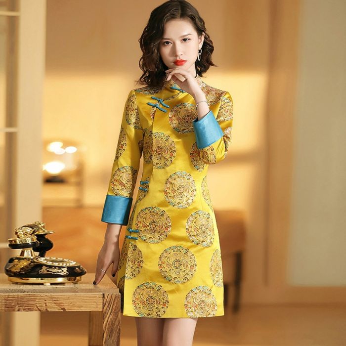 Charming Brocade Cheongsam Qipao Chinese Dress - Yellow