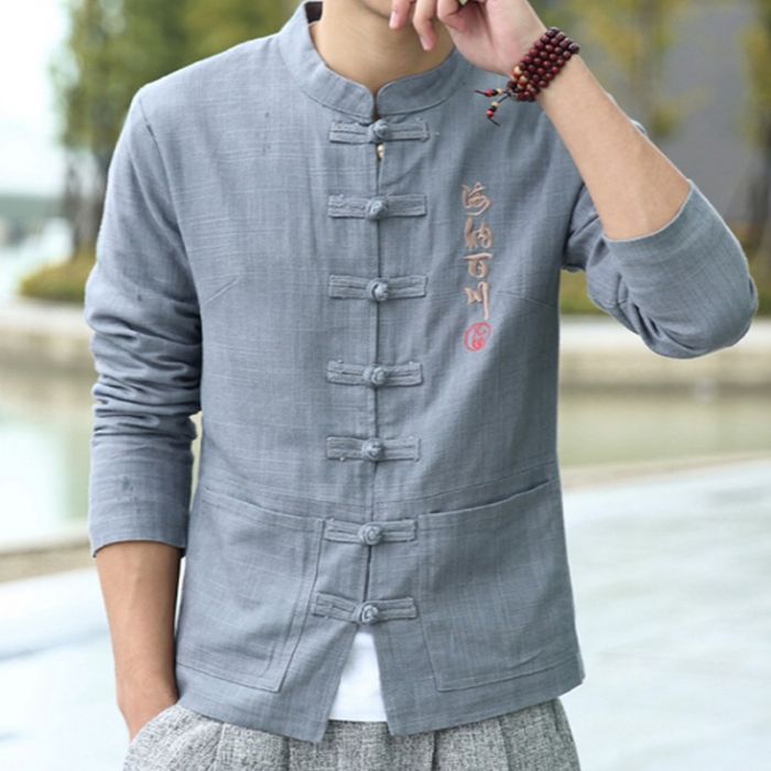 Chinese Embroidery Frog Button Linen Jacket - Gray