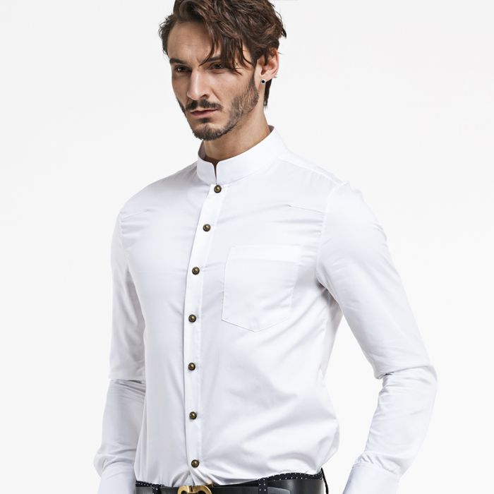 Modern Mandarin Collar Snap Button Shirt White