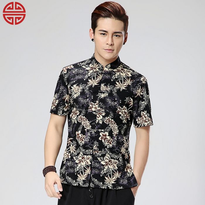 Charming Floral Print Frog Button Chinese Tang Shirt