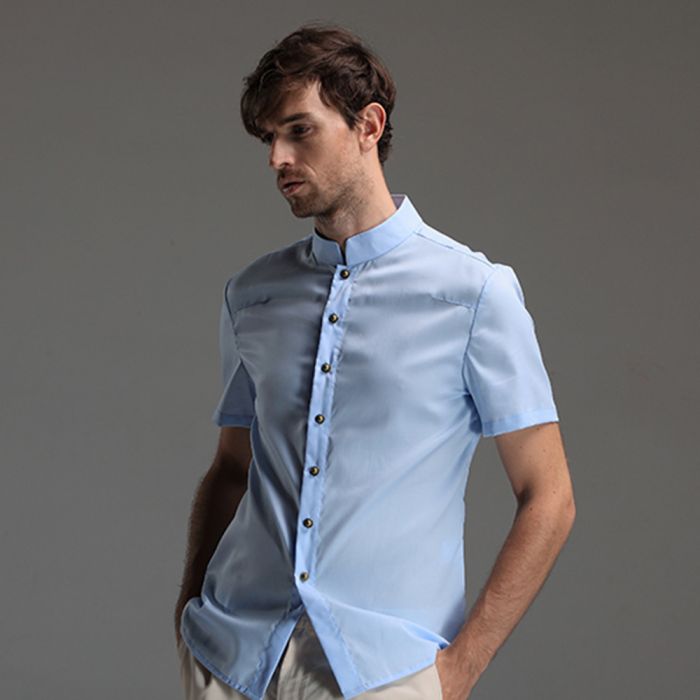 Mandarin Collar Short Sleeve Cotton Shirt - Blue
