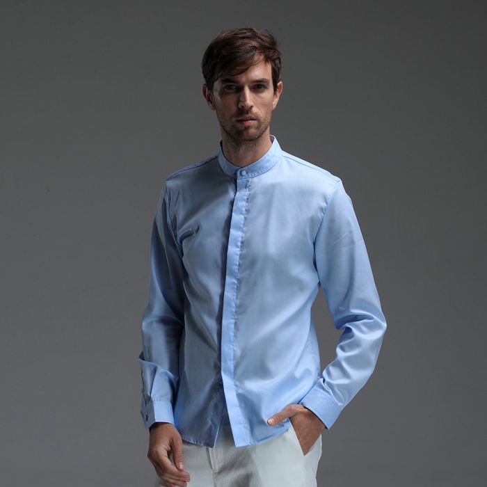 Mandarin Collar Hidden Button Non-Iron Shirt - Light Blue