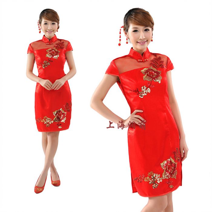 Peony Flowers Embroidery Red Cheongsam