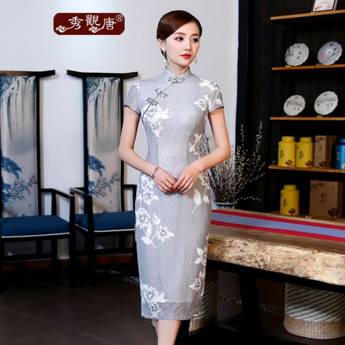 Pretty Lace Mid-calf Cheongsam Qipao Dress