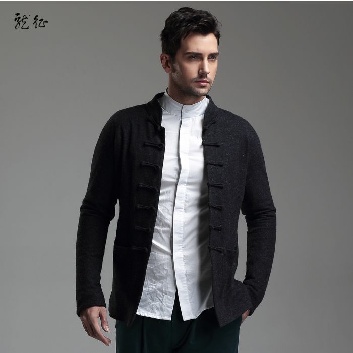 Woolen Cloth Chinese Tang Jacket for Men - Black