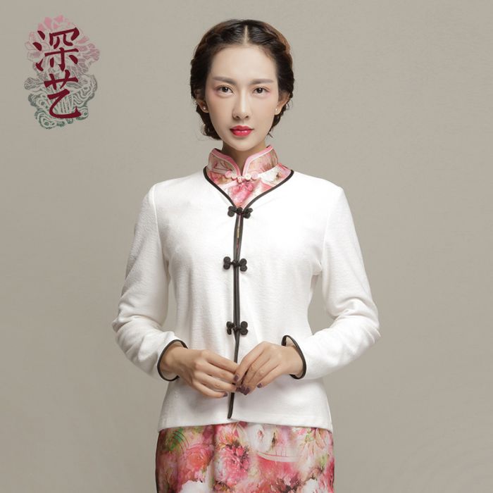 Modern V Neck Frog Button Chinese Tang Jacket - White