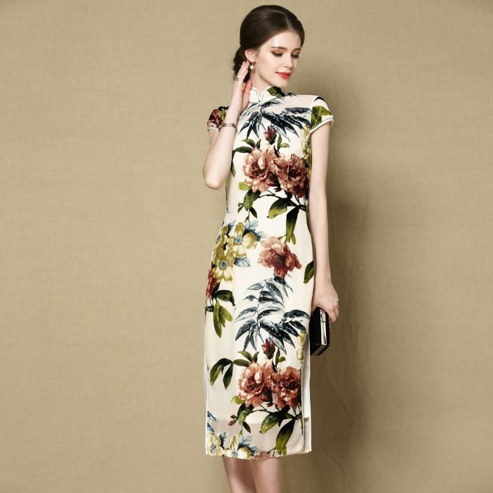 Winsome Floral Print Cap Sleeve Cheongsam Qipao Dress