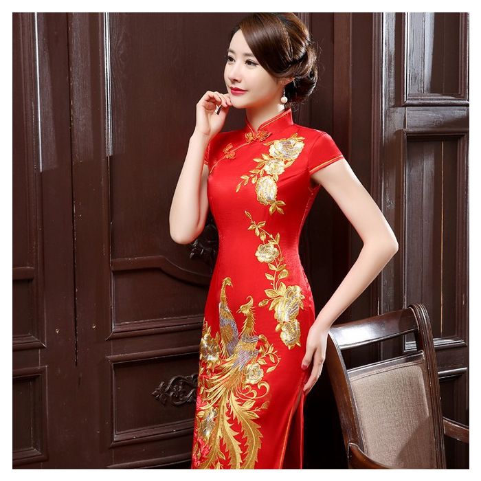 Impressive Phoenix Embroidery Qipao Cheongsam Dress - Red