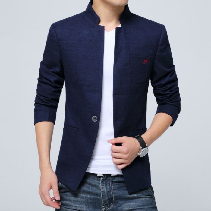 Attractive Stand-up Collar One Button Jacket - Dark Blue
